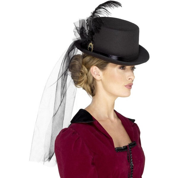 Smiffys deluxe ladies Victorian top hat with veil and feathers, imported from the UK
