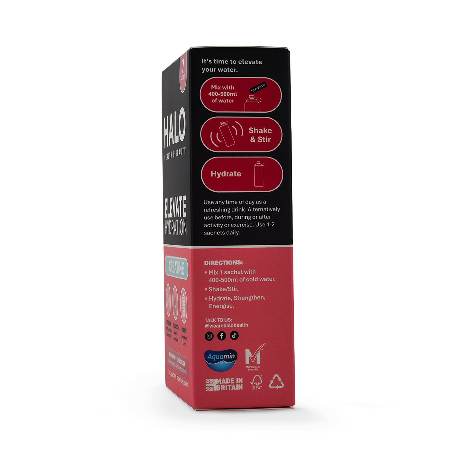 Halo Elevate Hydration Raspberry & Watermelon sachets, imported from the UK