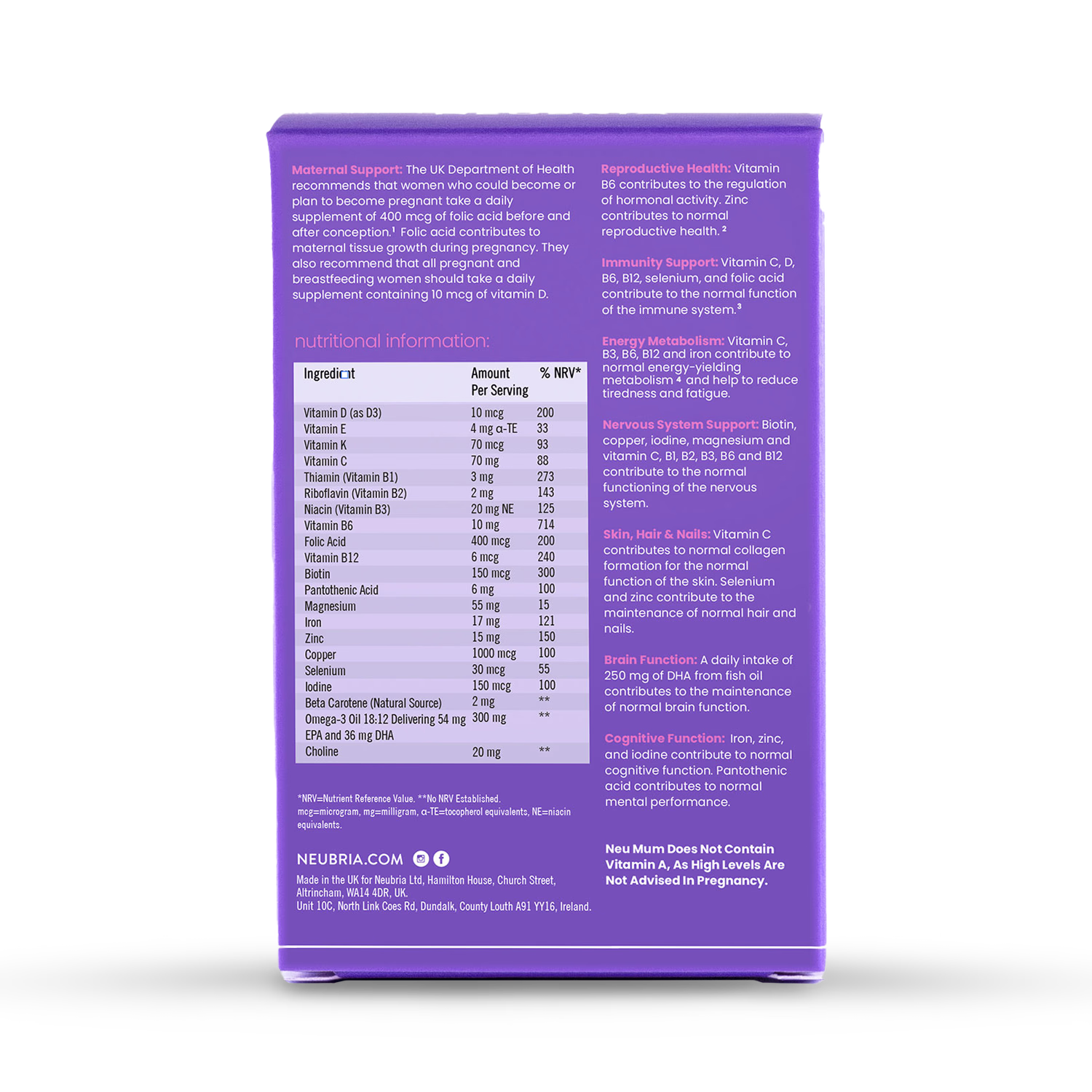 Neubria Neu Mum pregnancy multivitamin 30 tablets (British brand)