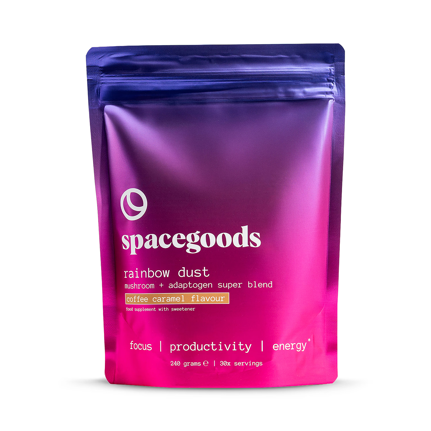 Spacegoods Rainbow Dust Coffee Caramel superfood powder 240g, imported from the UK