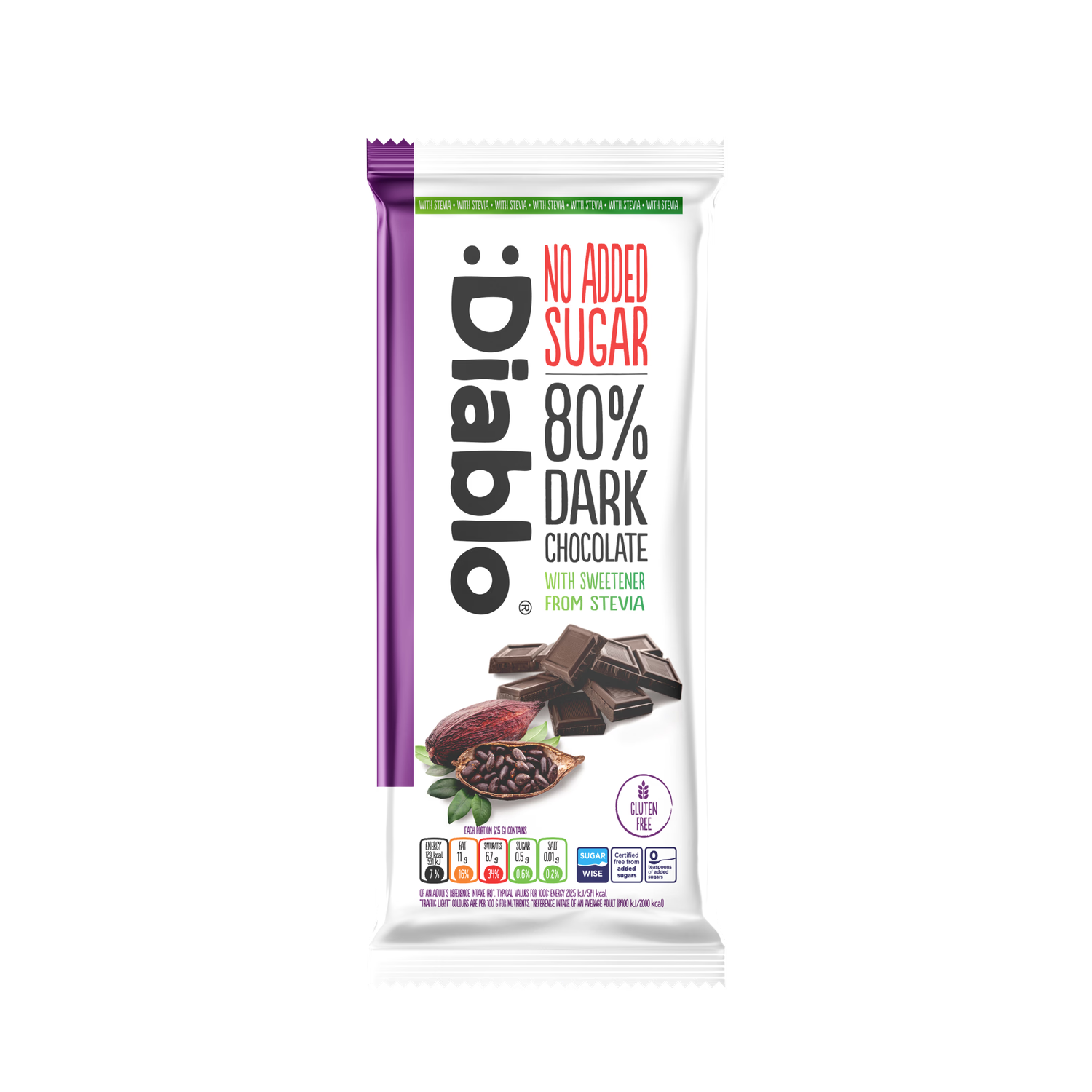 Diablo dark chocolate bar 80% no added sugar 75g, UK version