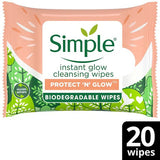 Simple Protect N Glow biodegradable face wipes instant glow pack of 20 (British brand)