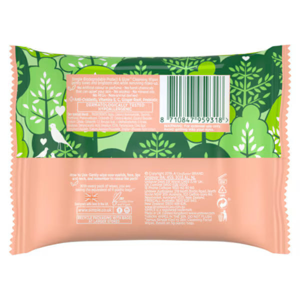 Simple Protect N Glow biodegradable face wipes instant glow pack of 20 (British brand)