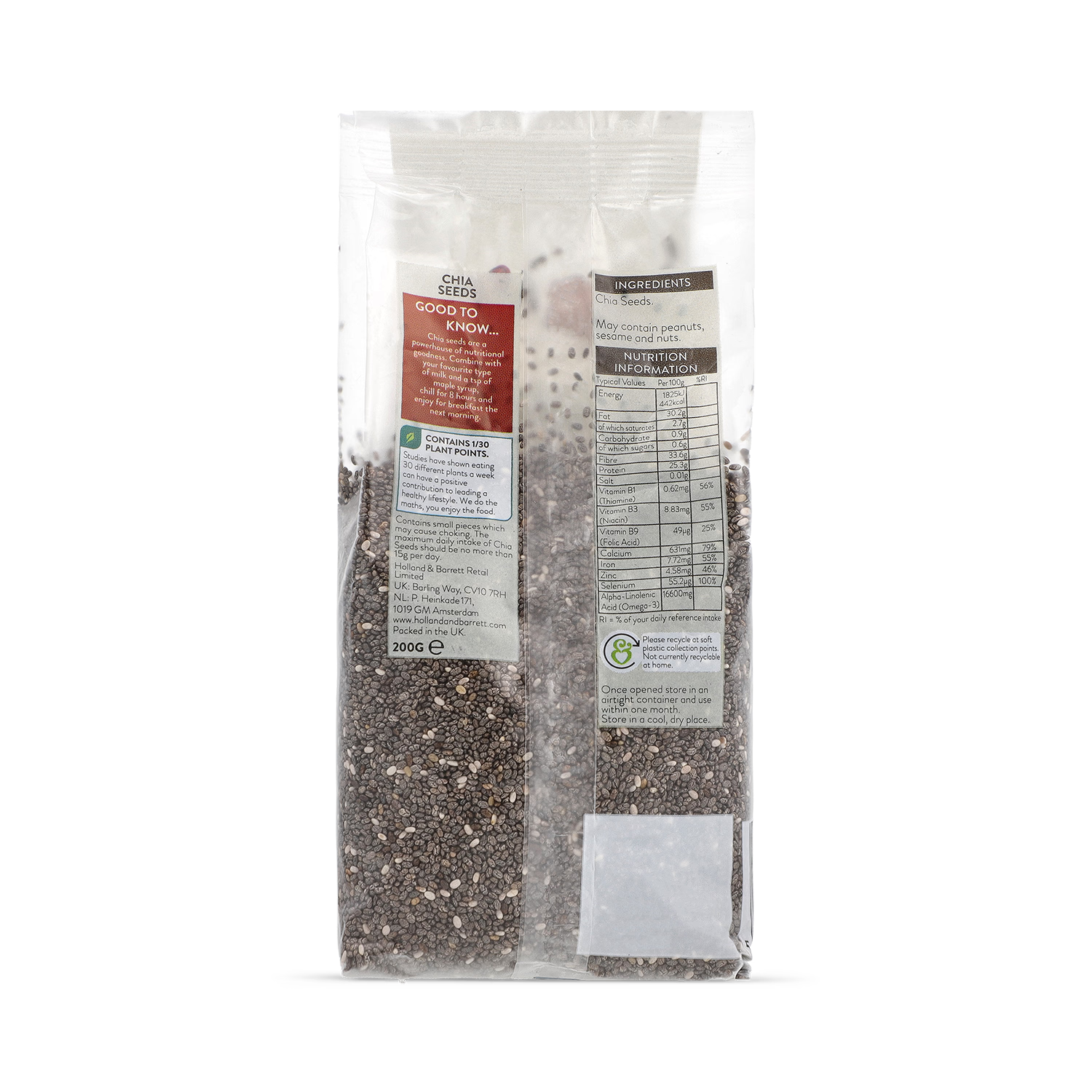 Holland & Barrett Chia Seeds 200g soft plastic pack, UK version
