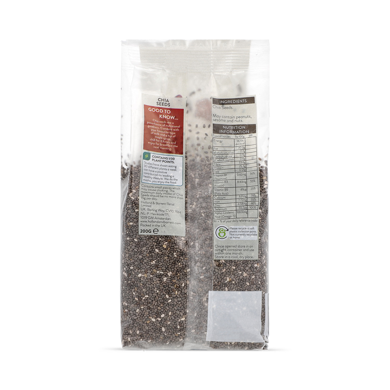 Holland & Barrett Chia Seeds 200g soft plastic pack, UK version