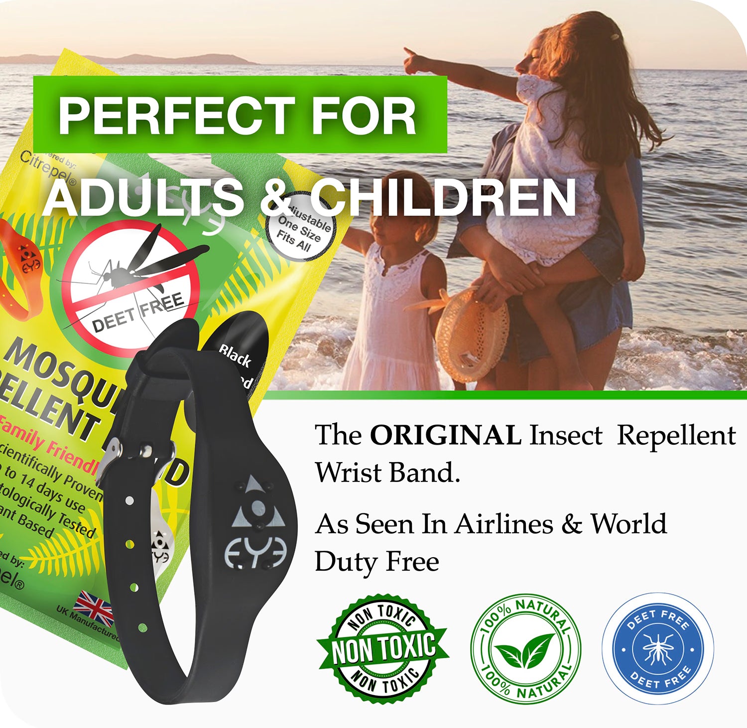Adjustable mosquito repellent band for wrist, imported from the UK