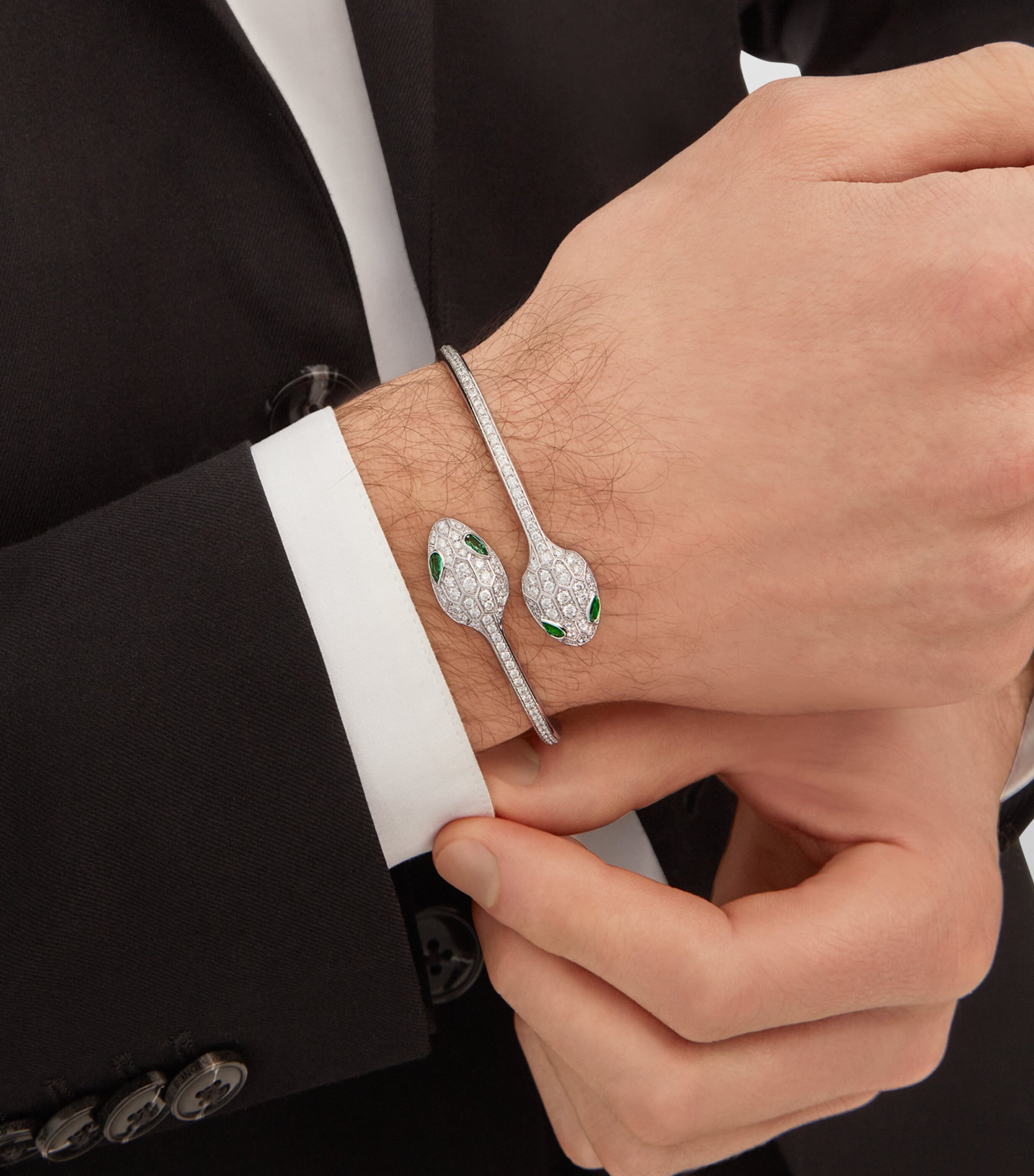Bvlgari Serpenti bangle white gold diamond emerald, imported from the UK