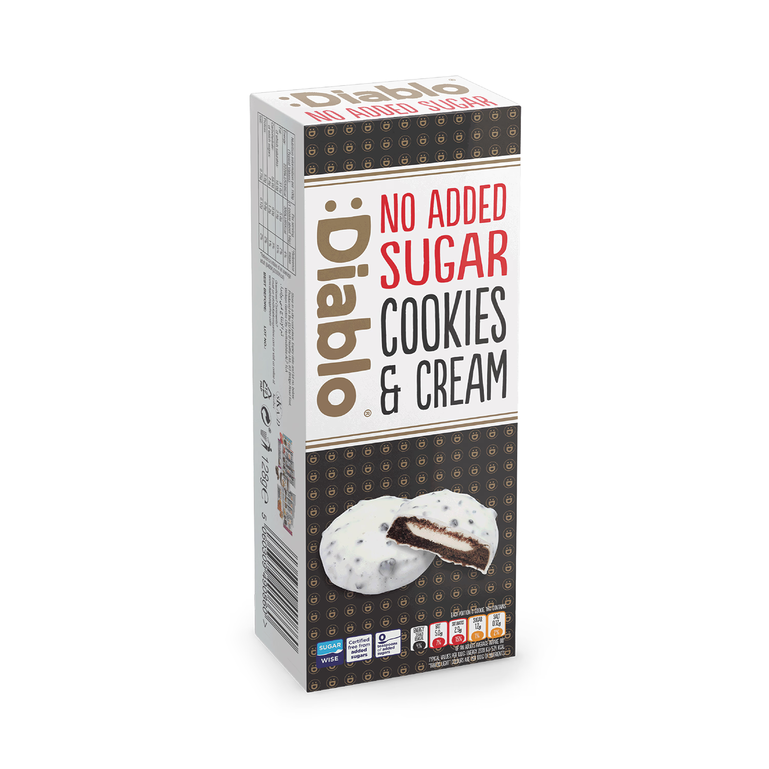 Diablo no added sugar cookies and cream white chocolate 128g, British product