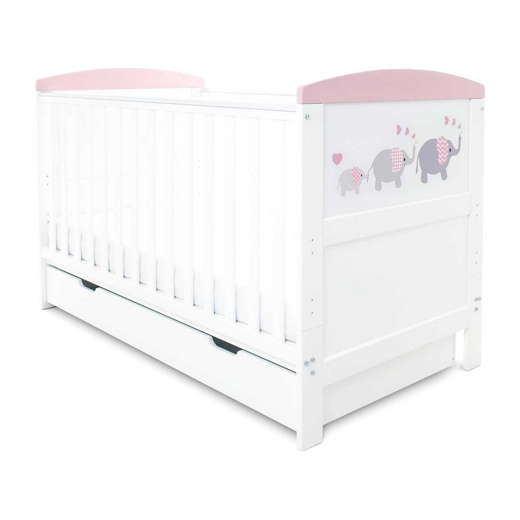 Ickle Bubba Coleby Style Cot Bed, Under Drawer and Deluxe Mattress - Elephant Love Pink