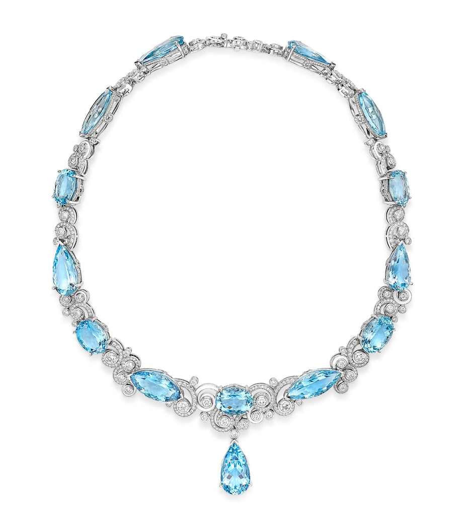 Boodles platinum diamond aquamarine Geneva necklace, imported from the UK