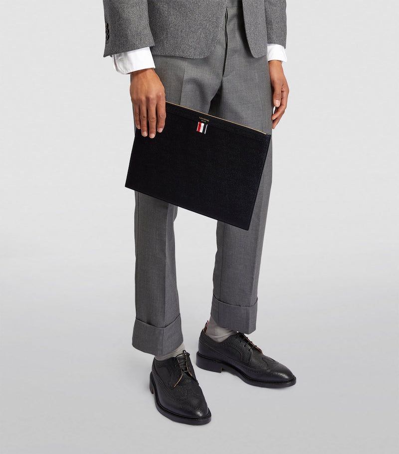Thom Browne small leather pouch featuring iconic tricolour stripe, UK version