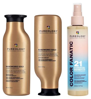 Pureology Nanoworks Gold Shampoo, Conditioner and Color Fanatic Leave In Conditioner Bundle GOODS Boots   