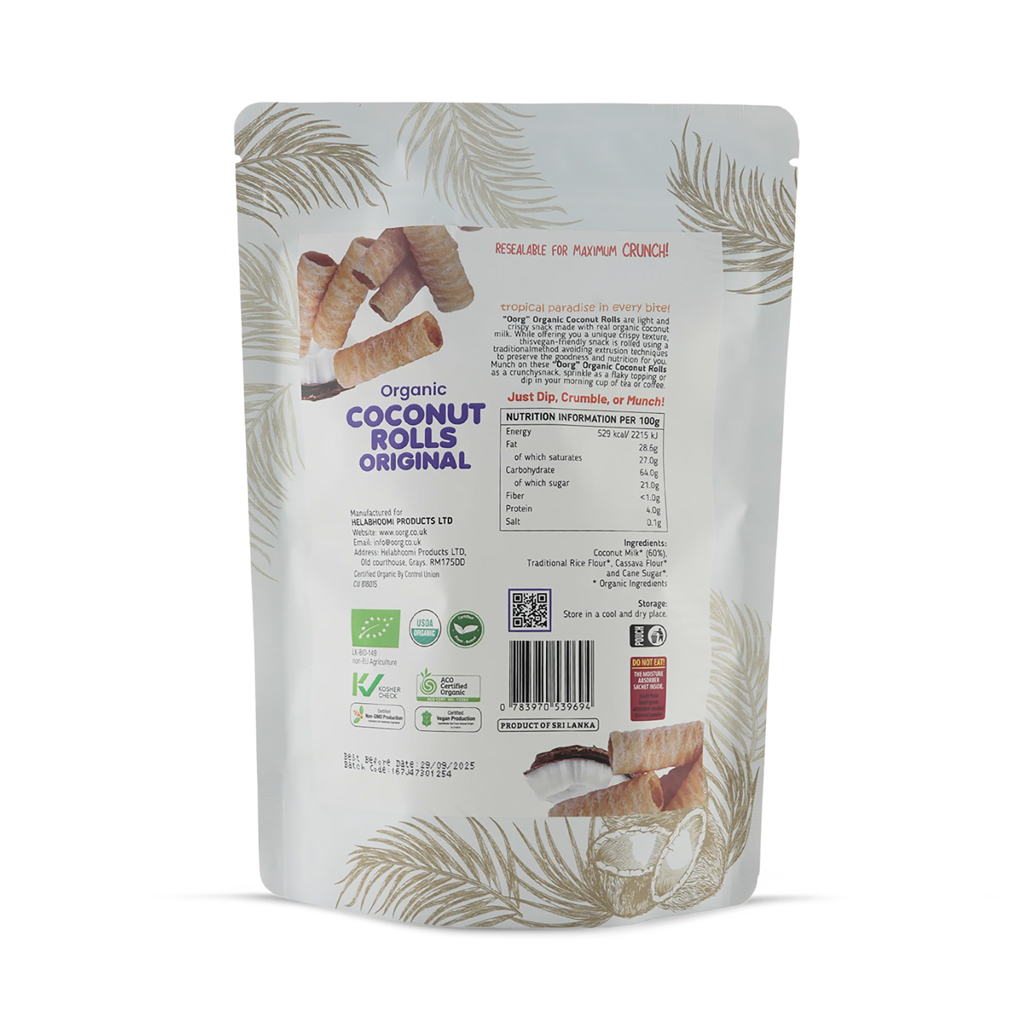 OORG organic coconut rolls BBQ 100g - British product
