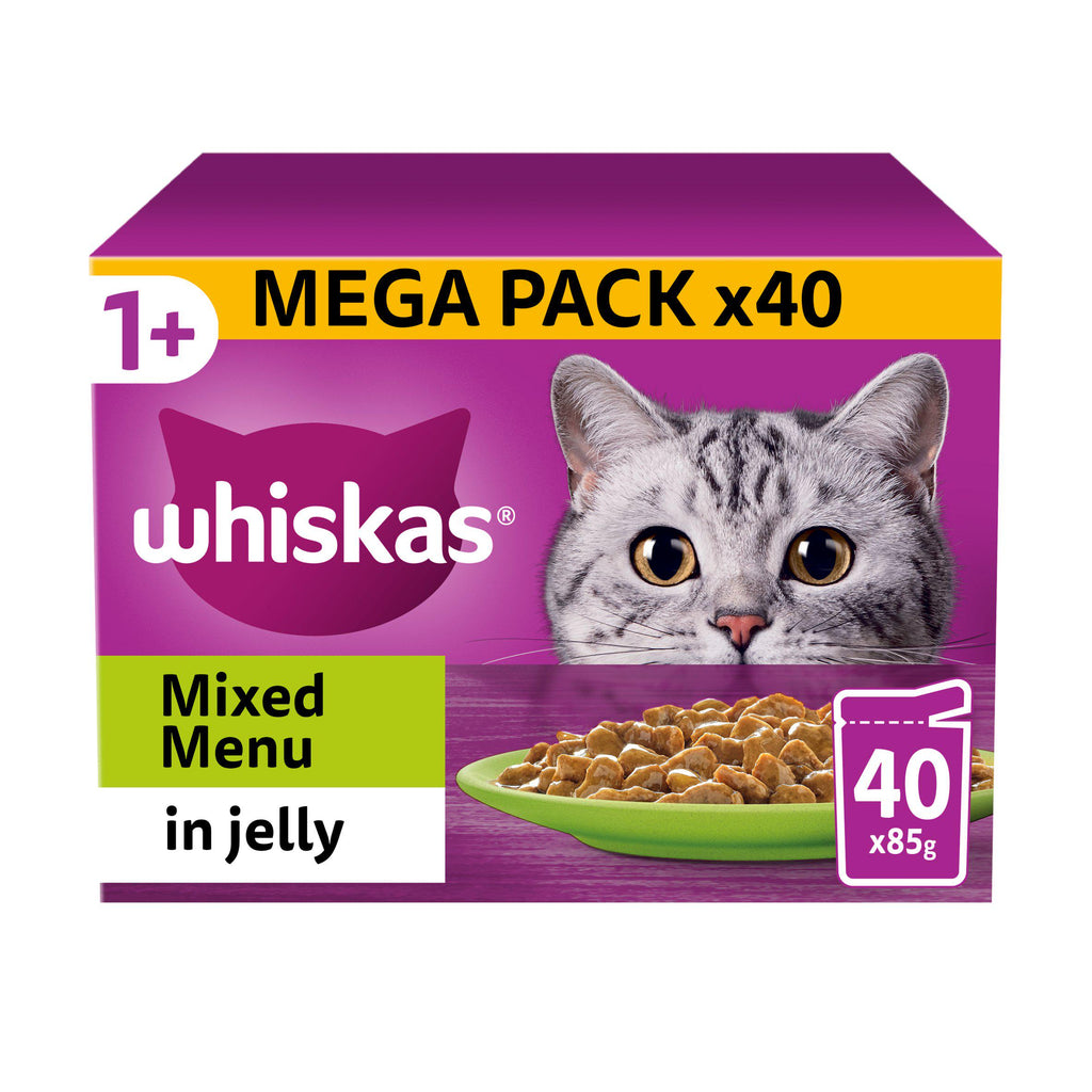 Whiskas 1+ Mixed Menu Adult Wet Cat Food Pouches in Jelly 40x85g