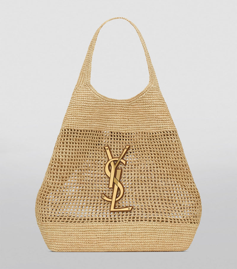 Saint Laurent Icare tote bag woven raffia gold-tone YSL emblem (British brand)