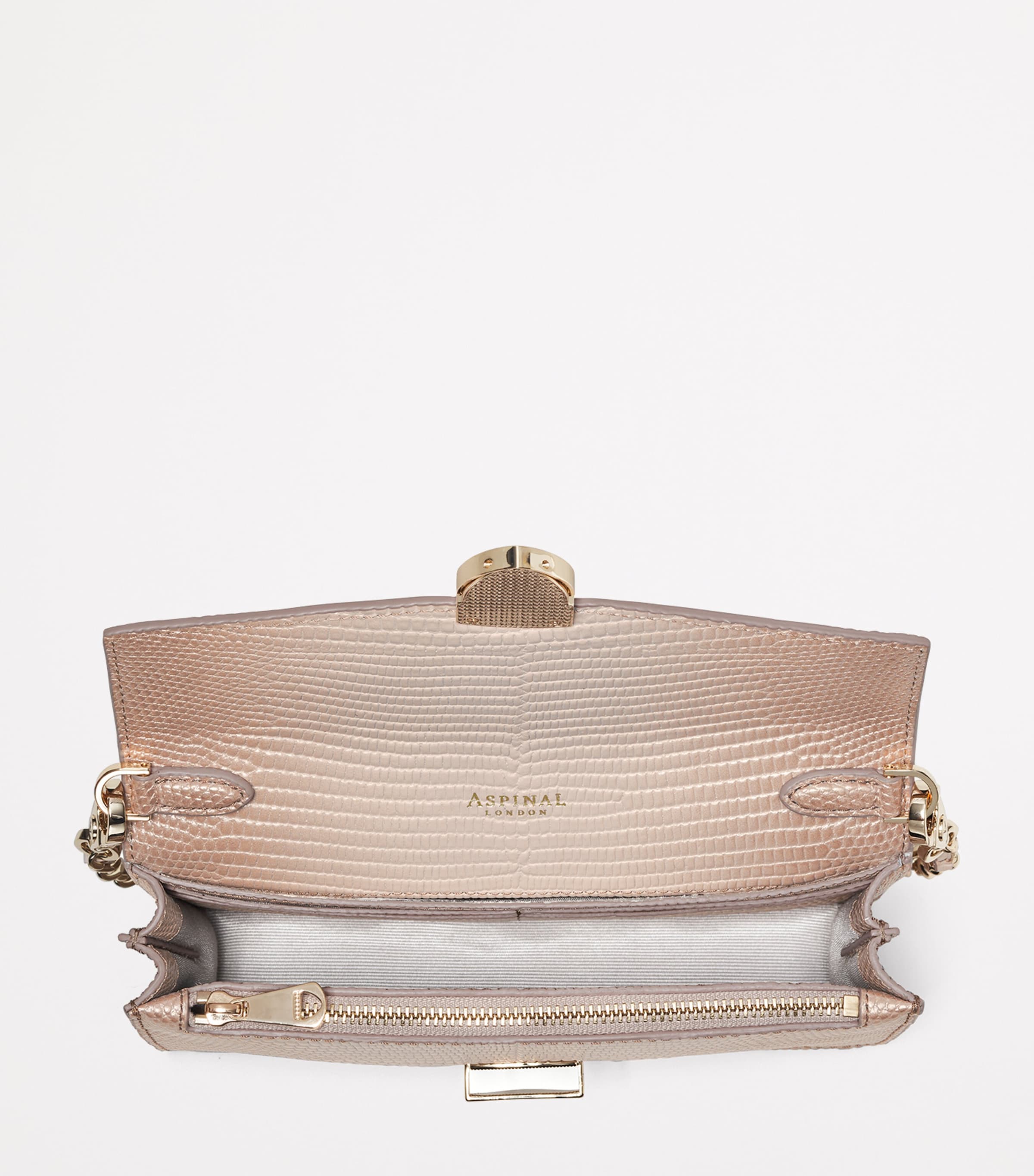 Aspinal of London Mayfair clutch bag metallic lizard-effect leather, UK version