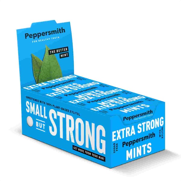 Peppersmith extra strong mints 12x15g, imported from the UK
