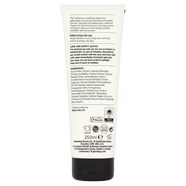 Me+ Body Gel Cream Hyaluronic Acid 250ml, imported from the UK