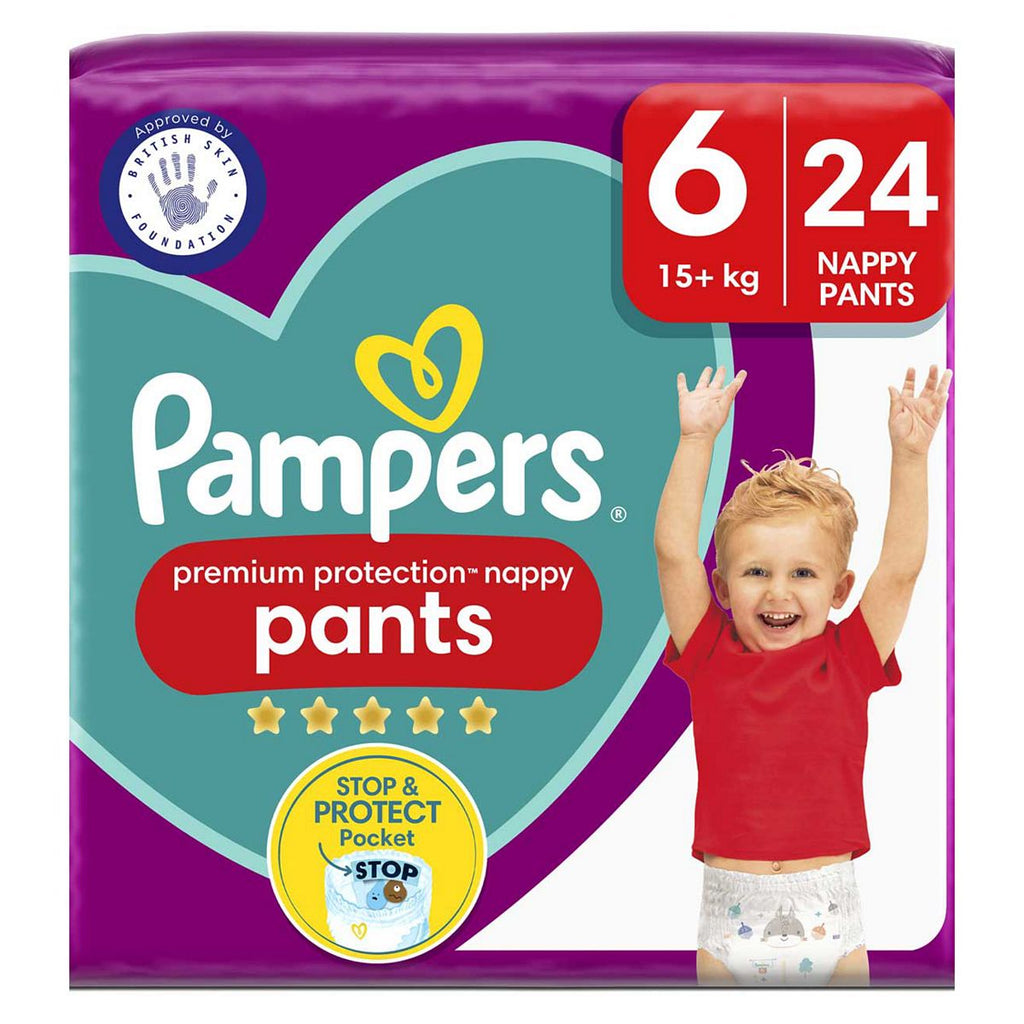 Pampers Premium Protection Nappy Pants Size 6, 24 Nappies, 15kg+, Essential Pack