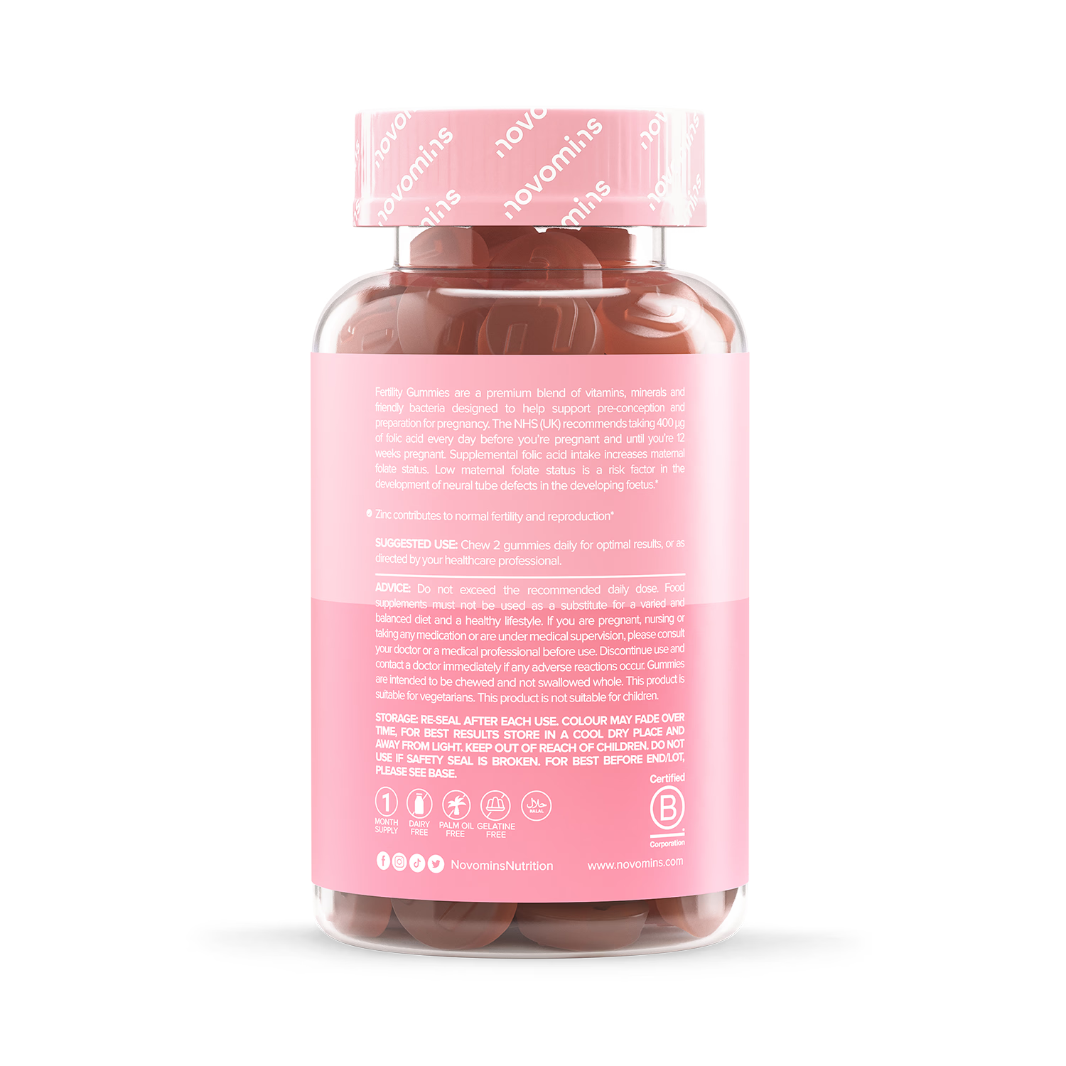 Novomins fertility gummies peach flavoured 60 count, imported from the UK