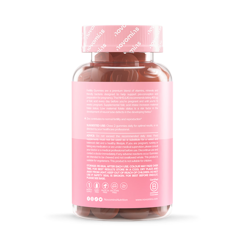 Novomins fertility gummies peach flavoured 60 count, imported from the UK