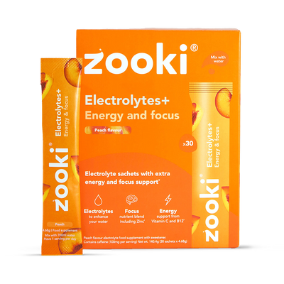 Holland & Barrett Zooki Electrolytes Energy Focus Sports Drink Mix Peach 30 Sachets- Buy online at McGrocer