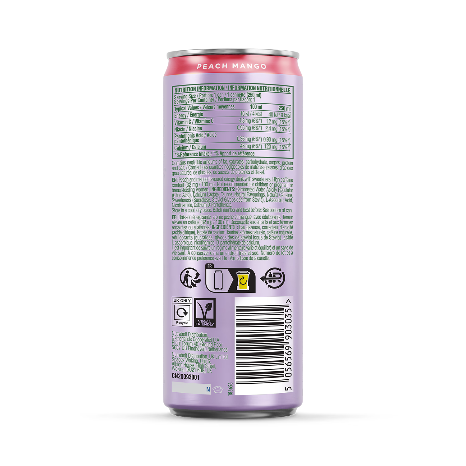 Bloom Sparkling Energy Drink Peach Mango 250ml, UK version