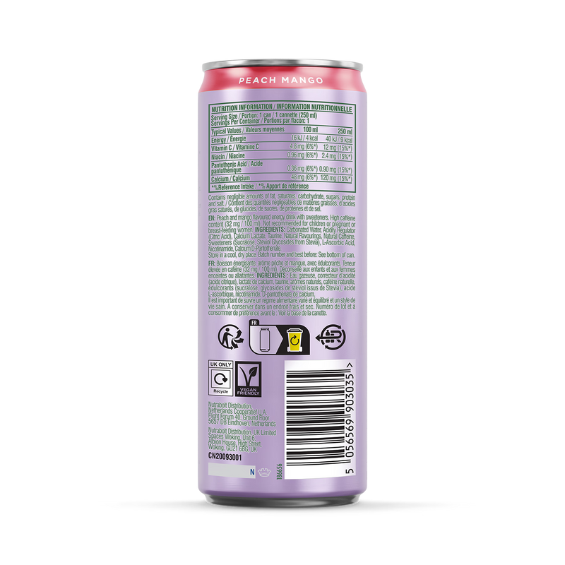 Bloom Sparkling Energy Drink Peach Mango 250ml, UK version
