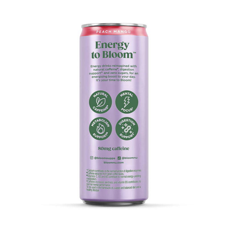 Bloom Sparkling Energy Drink Peach Mango 250ml, UK version