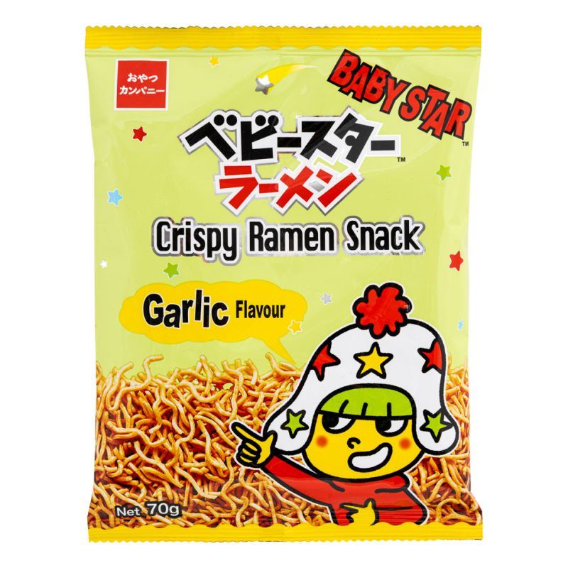 Baby Star crispy ramen snack garlic flavour (British brand)