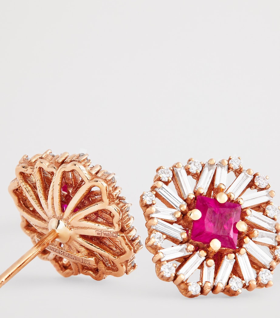Suzanne Kalan flower stud earrings rose gold diamonds ruby, imported from the UK