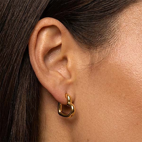 MUCHV heart hoop earrings in 18k gold or silver, imported from the UK
