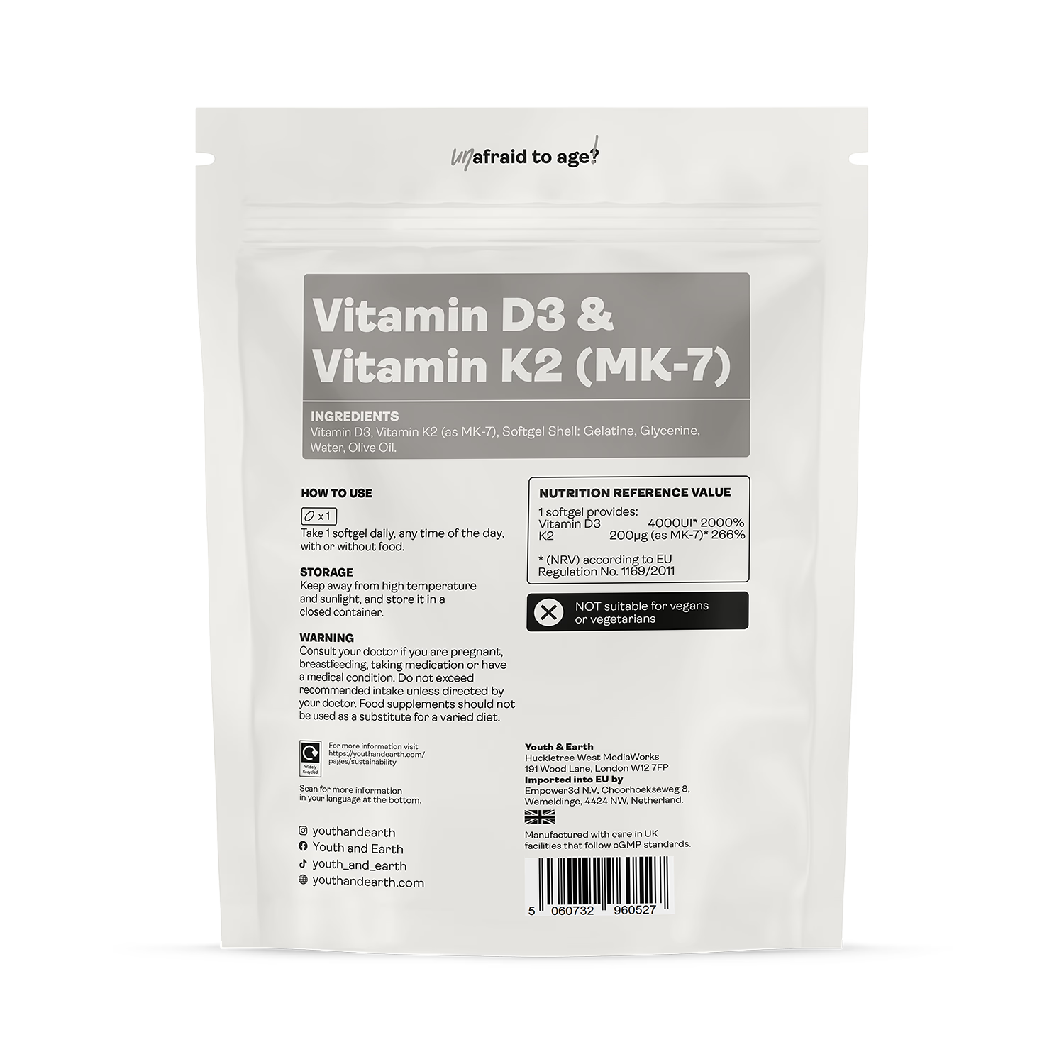 Youth and Earth Vitamin D3 K2 supplement 4000IU 200mcg 90 softgels (British brand)
