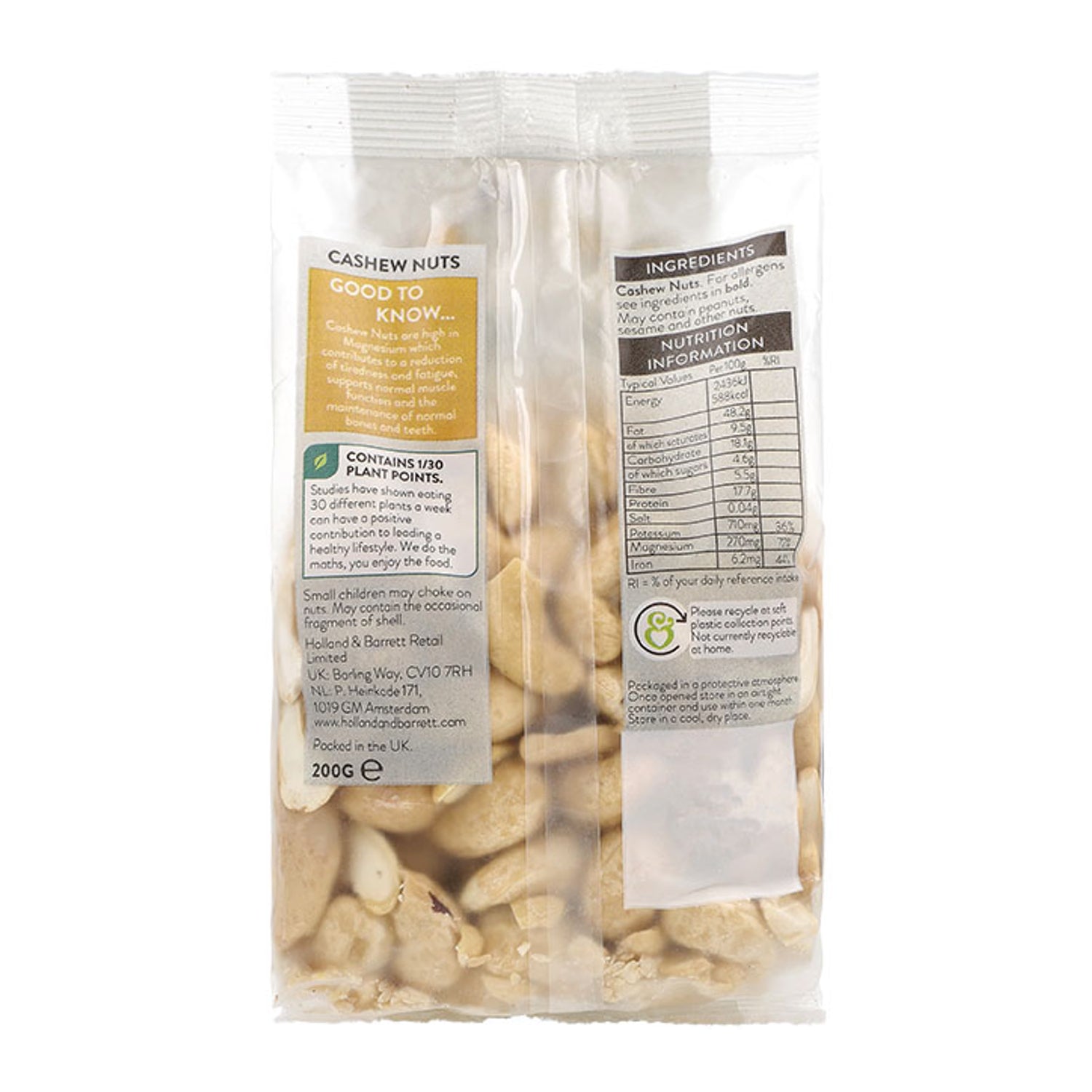 Holland & Barrett whole cashew nuts 200g, UK version