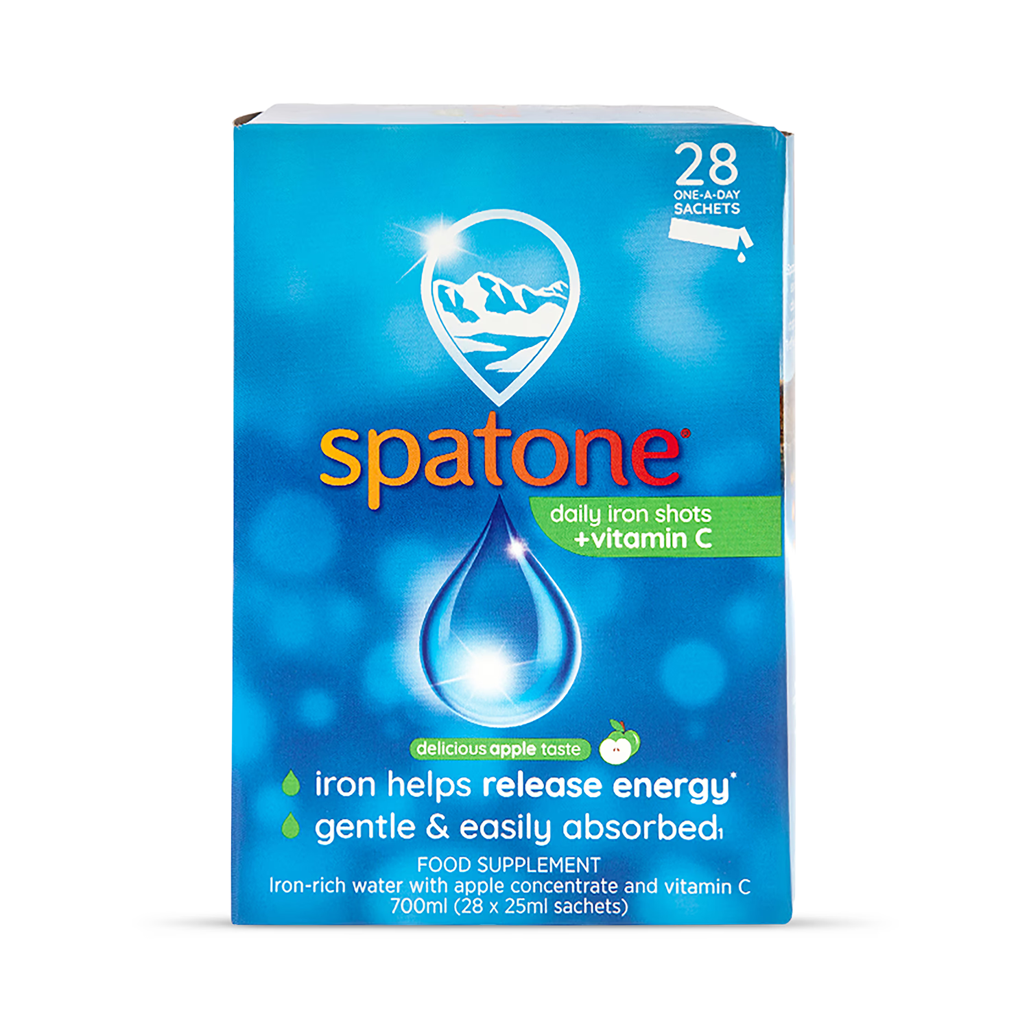 Spatone Apple Liquid Iron Supplement sachets, imported from the UK