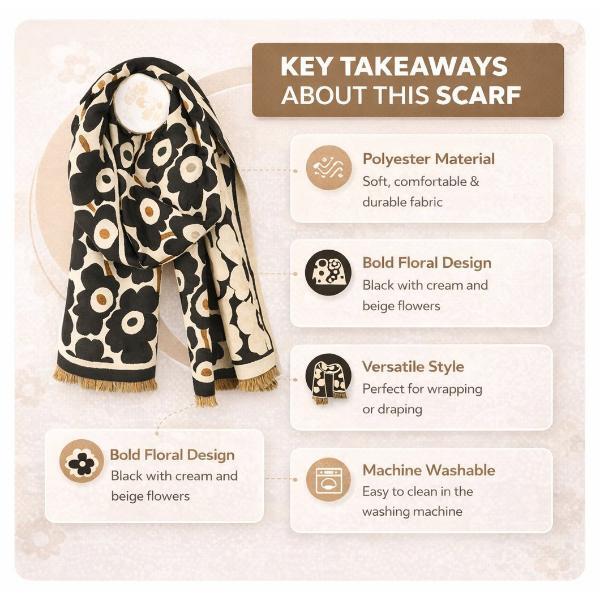 POM jacquard soft touch scarf monochrome poppy print, imported from the UK
