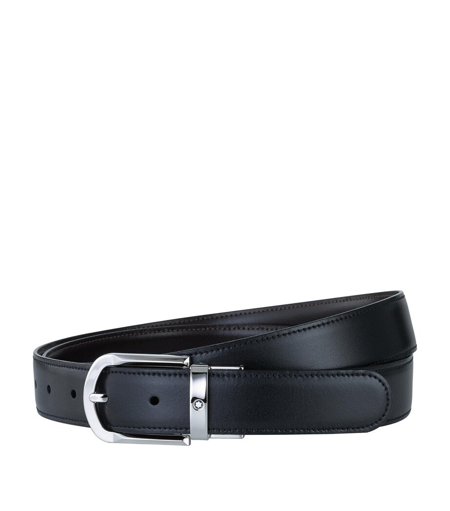 Montblanc leather belt with silver-tone buckle for men, imported from the UK