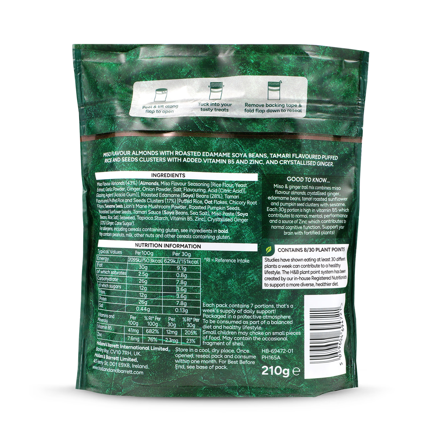 Holland & Barrett trail mix miso ginger 210g, imported from the UK