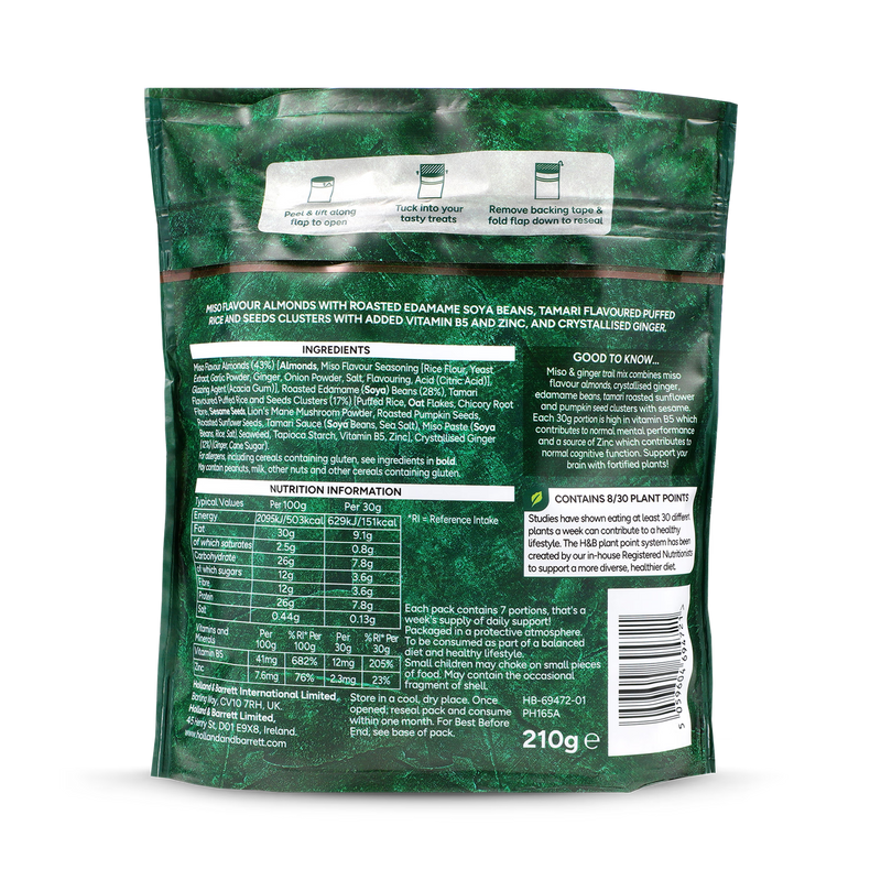 Holland & Barrett trail mix miso ginger 210g, imported from the UK