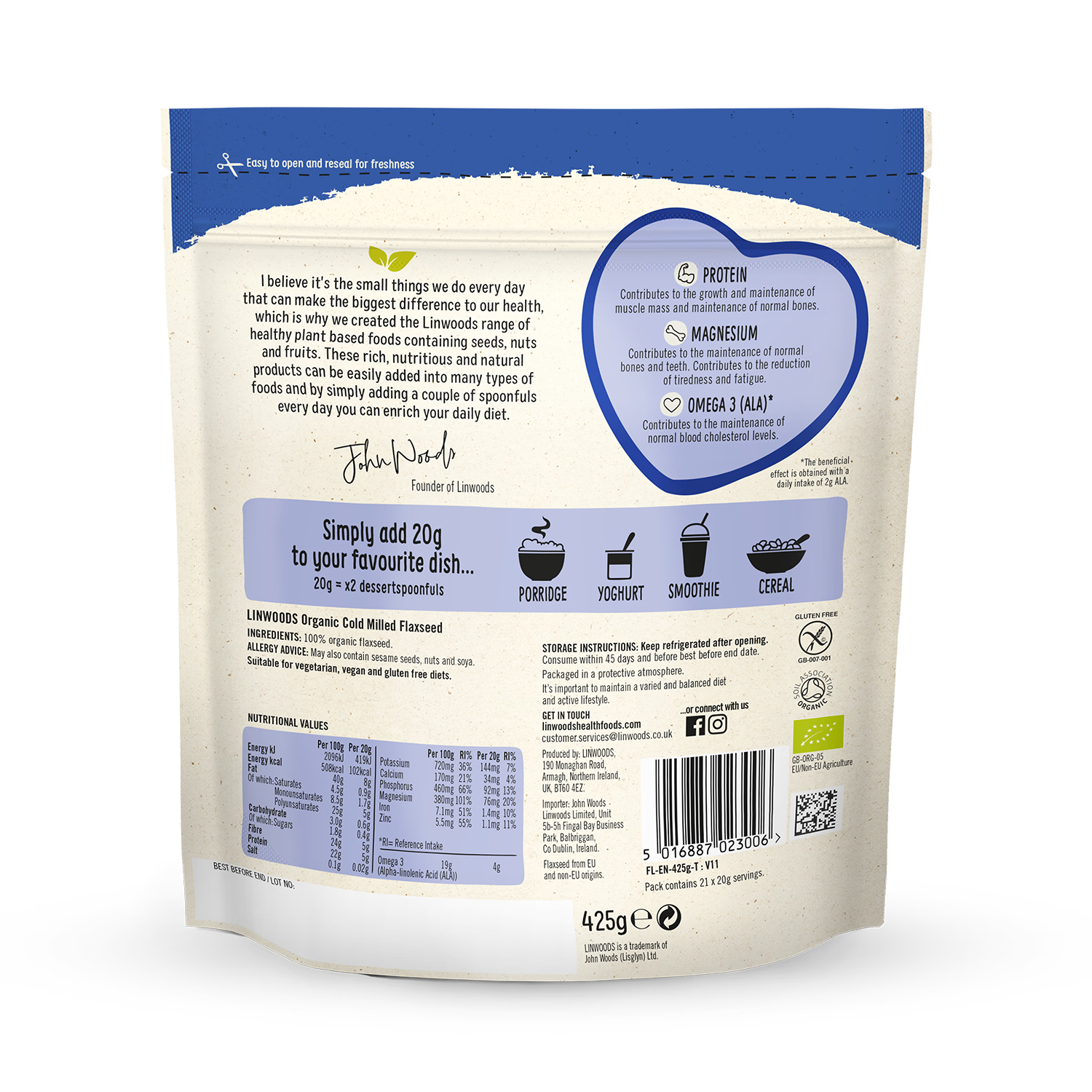 Linwoods Milled Organic Flaxseed 425g, UK version