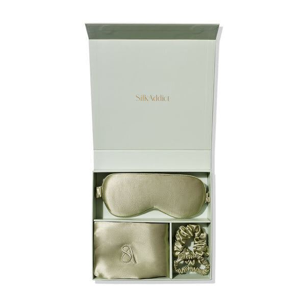 Silk Addict mulberry silk gift set in olive green, UK version