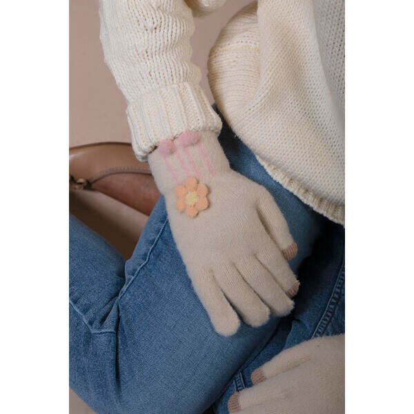 SVNX knitted floral gloves beige one size, imported from the UK