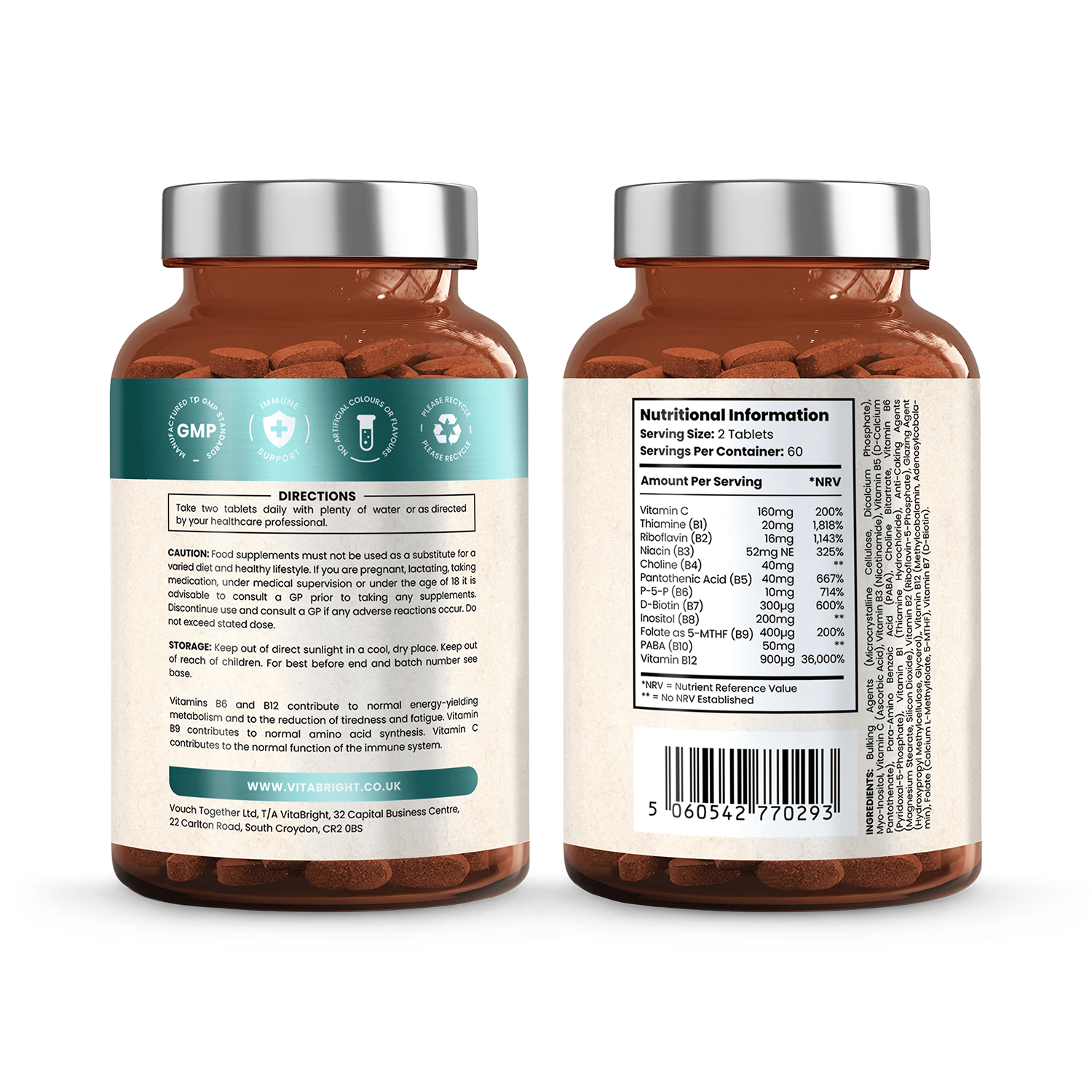 VitaBright methylated B complex with Vitamin C 120 tablets (British brand)