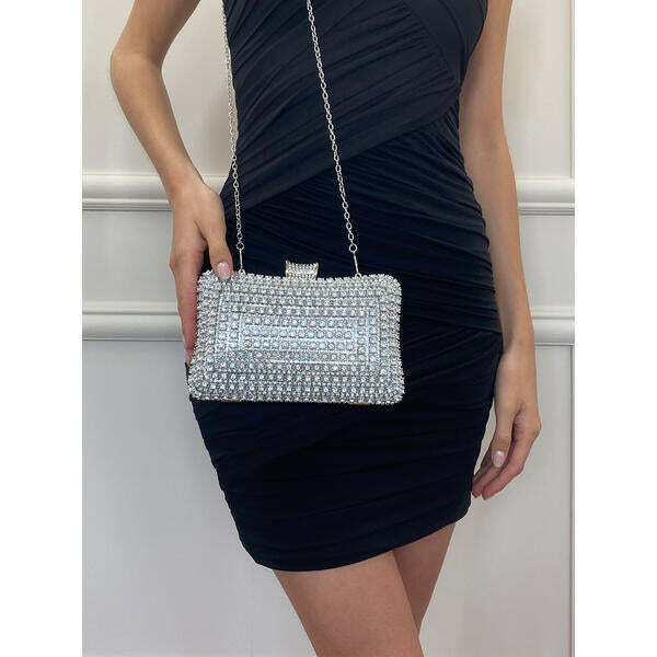 SVNX silver diamante clutch bag with chain - British product