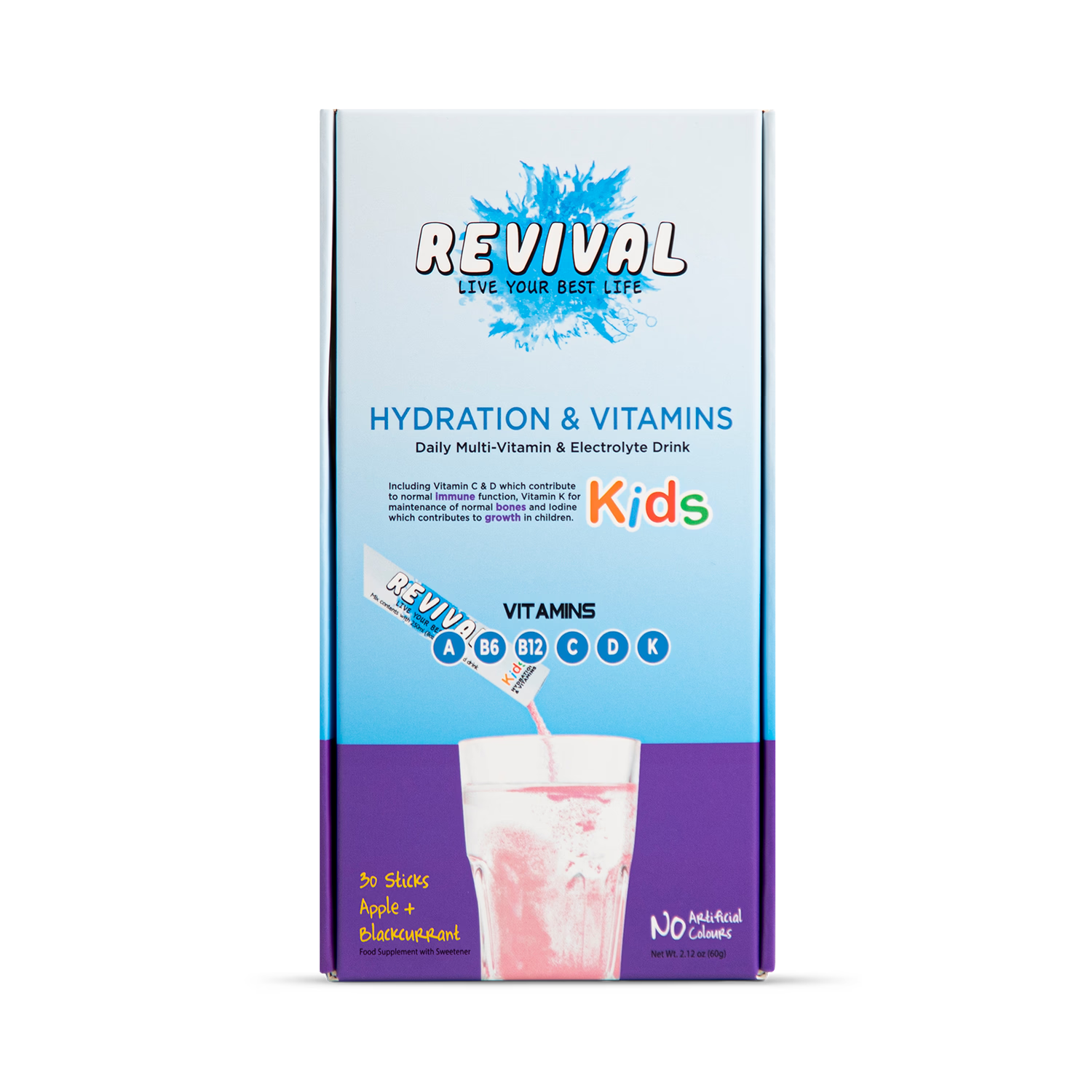 Revival Kids multivitamin electrolyte drink apple blackcurrant 30 sachets, UK version