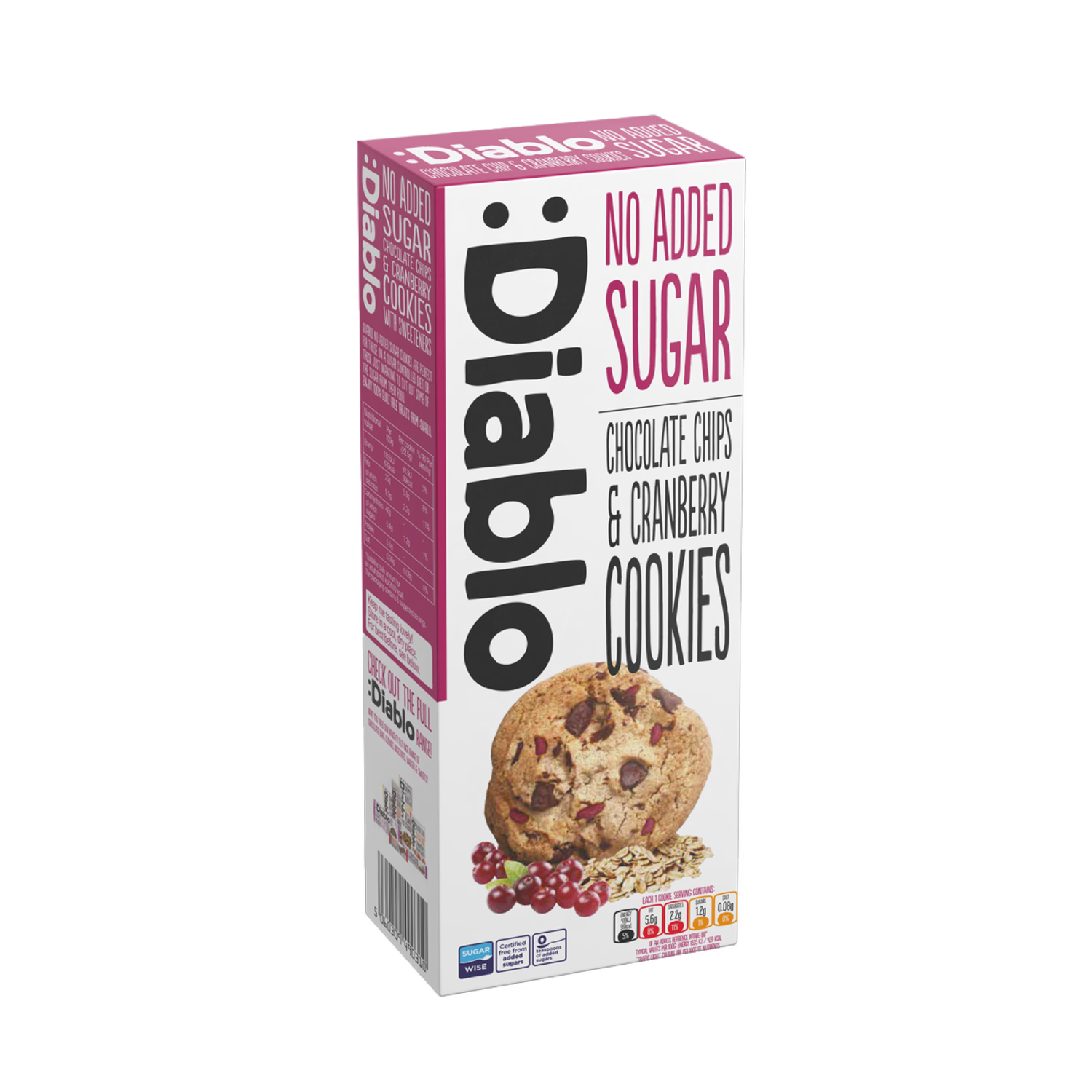 Diablo sugar free chocolate chip cranberry cookies 135g, imported from the UK