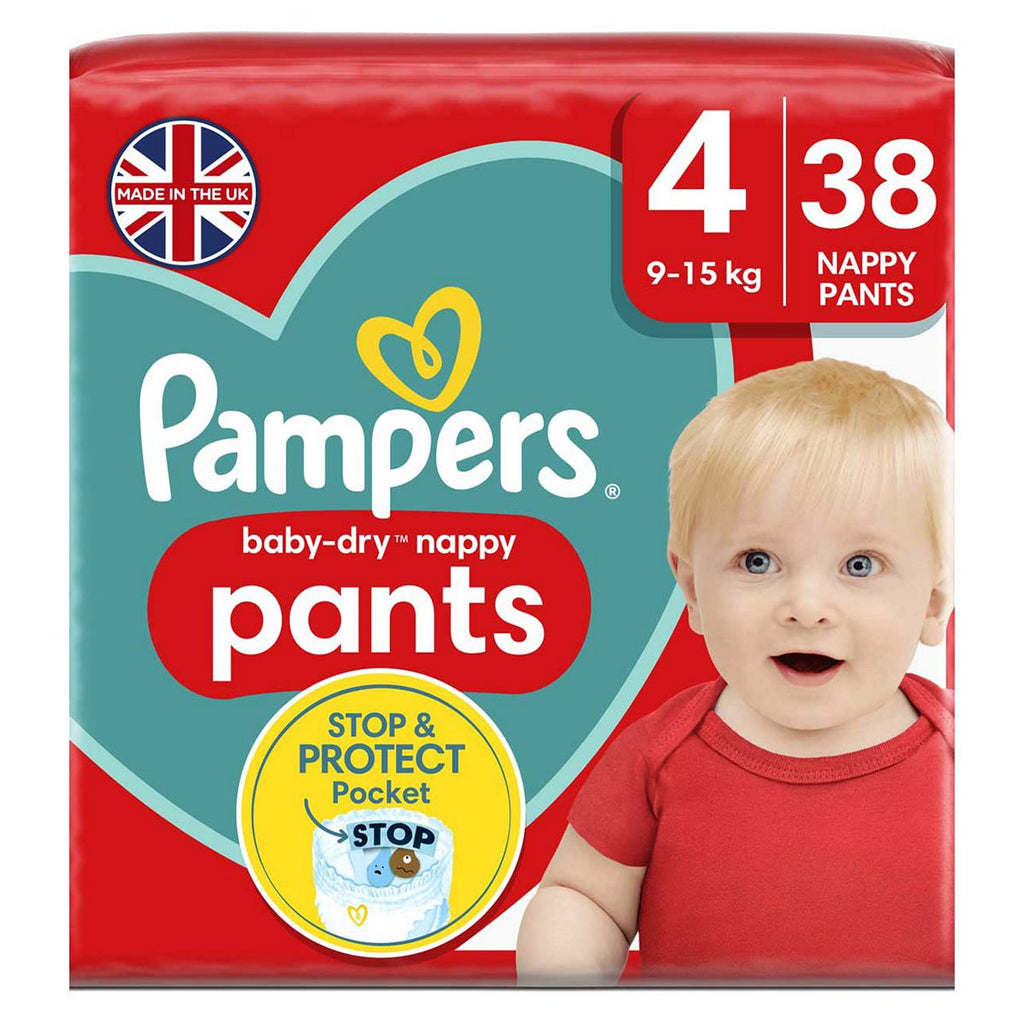 Pampers Baby-Dry Nappy Pants Size 4, 38 Nappies, 9kg-15kg, Essential Pack