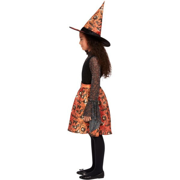 Smiffys vintage witch costume with orange dress and hat, imported from the UK