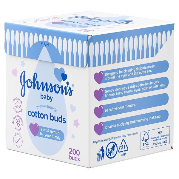 Johnson's Baby Cotton Buds 200 Pack Paper Sticks, UK version