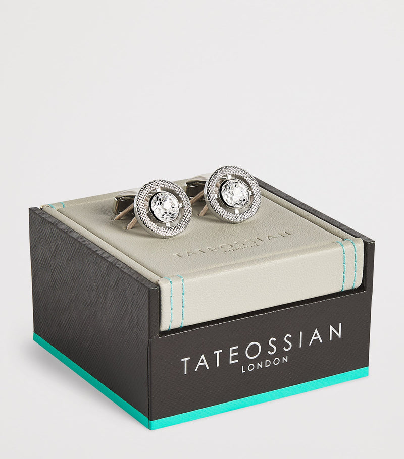 Tateossian rhodium-plated cubic zirconia halo round cufflinks (British brand)